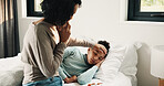 Forehead, phone call and sick girl with mother in bedroom together for healing, recovery or support. Bed, fever and temperature of daughter with single parent woman in home for healthcare or wellness