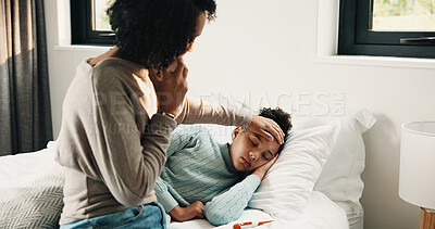 Buy stock photo Forehead, phone call and sick girl with mother in bedroom together for healing, recovery or support. Bed, fever and temperature of daughter with single parent woman in home for healthcare or wellness