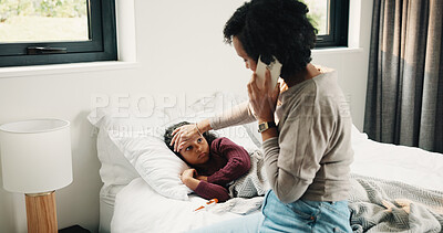 Buy stock photo Forehead, phone call and sick child with mother in bed together for healing, recovery or support. Check, fever and temperature of daughter with single parent woman in bedroom for healthcare concern