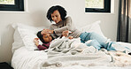 Bed, fever and sick girl with mother in home together for healing, recovery or support. Checking, forehead and temperature of daughter with single parent woman in bedroom for healthcare or wellness