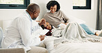 Bed, doctor and sick girl with mother in home together for healing, recovery or support. Appointment, checking and daughter with medical professional and single parent woman in bedroom for healthcare