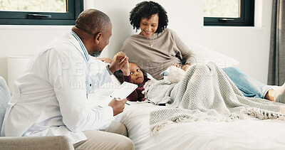 Buy stock photo Bed, doctor and sick girl with mother in home together for healing, recovery or support. Appointment, checking and daughter with medical professional and single parent woman in bedroom for healthcare