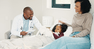 Buy stock photo Doctor, tablet and sick girl with mother in bed together for appointment, recovery or support. App, healing and medical checkup of daughter with single parent woman in bedroom of home for healthcare