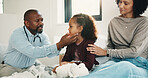 Mother, doctor and checkup with child in bedroom for neck assessment, check thyroid or lymph node. Woman, pediatric consultation and kid with sore throat, swollen glands and medical diagnosis in home