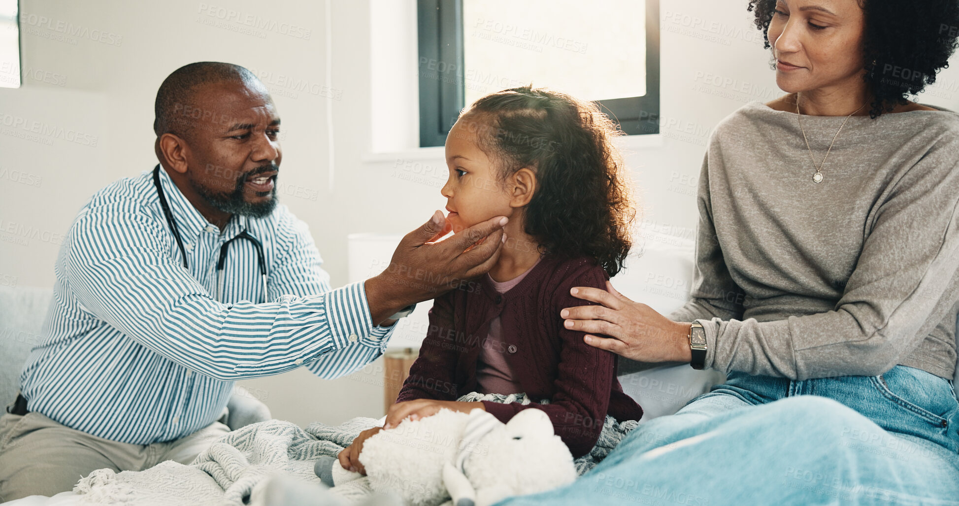 Buy stock photo Mother, doctor and checkup with child in bedroom for neck assessment, check thyroid or lymph node. Woman, pediatric consultation and kid with sore throat, swollen glands and medical diagnosis in home