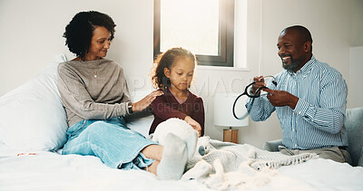 Buy stock photo Smile, mother and doctor with child for checkup, patient symptoms and medical advice. Happy, people and kid for pediatric evaluation, respiratory illness and healthcare expert for diagnosis at house