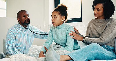 Buy stock photo Mother, doctor and stethoscope with child at house for checkup, assessment and patient heartbeat. Woman, pediatric and kid for respiratory evaluation, listening to breathing and medical diagnosis