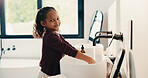 Bathroom, child and washing hands for health, portrait and bacteria removal for safety in morning. Happy girl, water and cleaning at sink for hygiene wellness, germ prevention or disinfection at home