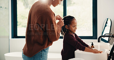 Buy stock photo Hair care, mother and child washing hands in bathroom, grooming and hygiene practice for wellness. Flare, smile and woman with girl for getting ready in home, hairstyle and teaching germ protection