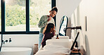 Bathroom, brushing teeth and sister children in home together for morning routine to oral care. Cleaning, dental hygiene and toothbrush with girl kids in apartment for tooth care as siblings
