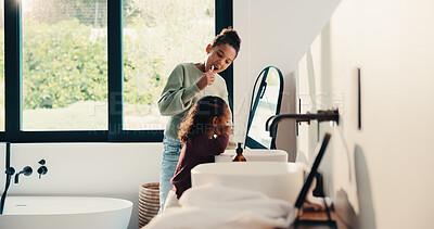 Buy stock photo Bathroom, brushing teeth and sister children in home together for morning routine and oral health. Cleaning, dental hygiene and toothbrush with girl kids in apartment for tooth care as siblings