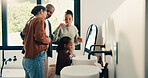 Bathroom, brushing teeth and family in home together for morning routine to oral care. Cleaning, dental hygiene and parents with girl kids in apartment for bonding, learning or tooth care lesson