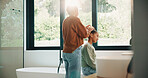 Hair care, mother or child with help in bathroom, grooming assistance or morning routine for bonding. Support, flare and woman with girl for getting ready, hairstyle and happiness in family home