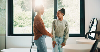 Buy stock photo Morning, mother and smile in bathroom with daughter, getting ready and support for child development. Flare, woman and kid in home with grooming routine, wellness and caring relationship for growth.