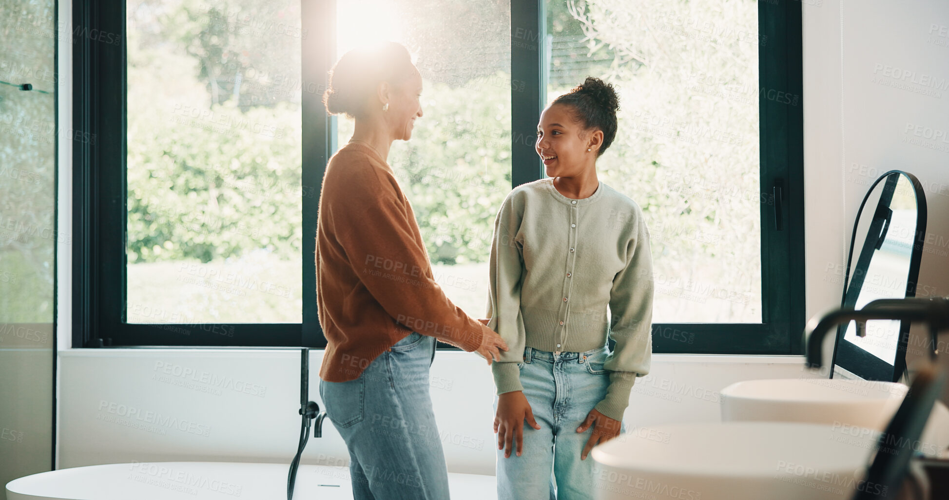 Buy stock photo Morning, mother and smile in bathroom with daughter, getting ready and support for child development. Flare, woman and kid in home with grooming routine, wellness and caring relationship for growth.