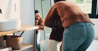 Buy stock photo Hug, mirror and mother with daughter in bathroom of home for bonding, love or support. Morning routine, reflection and single parent woman embracing girl child in apartment for safety or security