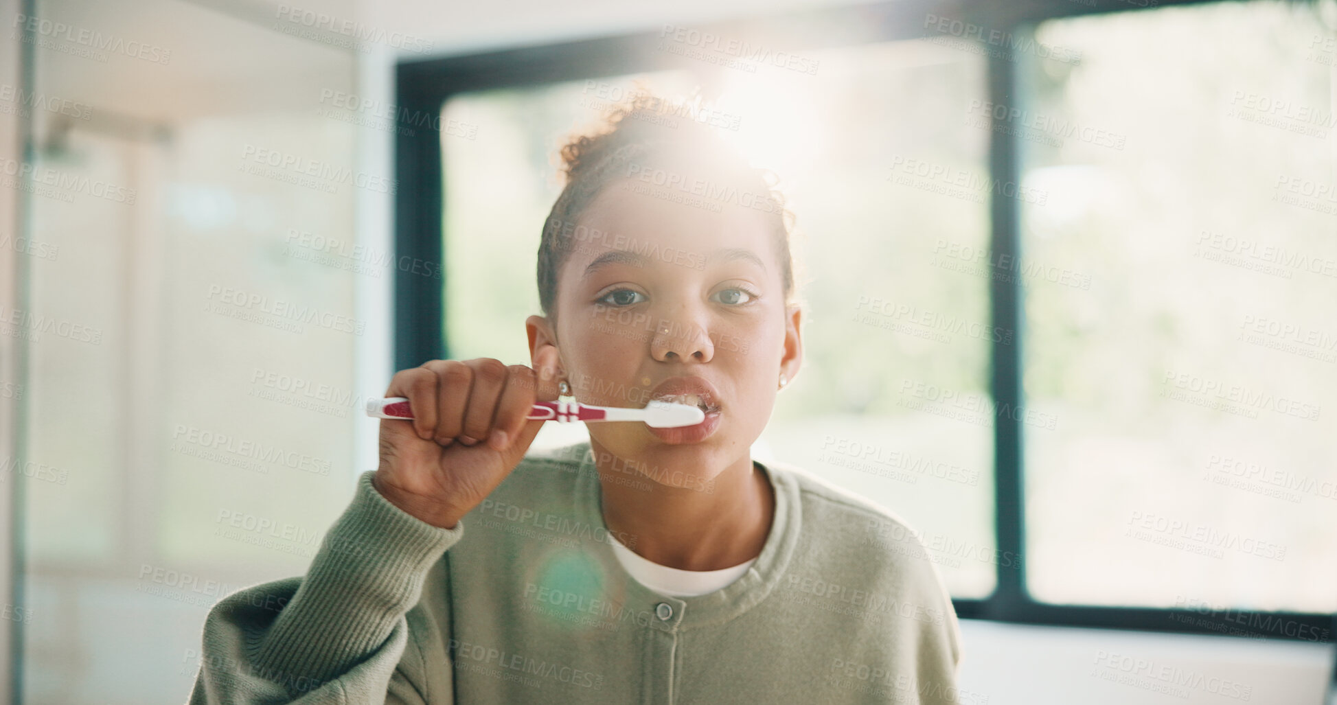 Buy stock photo Child, brushing teeth or dental wellness in bathroom, gum care or oral hygiene in morning routine. Toothbrush, clean or portrait of girl at home for fresh breath, mouth health or dentistry with flare