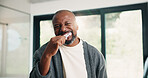 Black man, brushing teeth or dental health in bathroom, portrait or oral hygiene for morning habit. Toothbrush, clean or mature person at home for fresh breath with gum care, wellness or benefits
