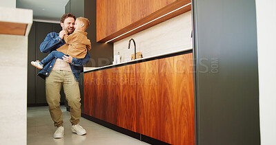Buy stock photo Dance, energy and smile of man with son in home kitchen for family bonding or playing. Holding hands, laughing and playful father with excited boy child in apartment for development or security