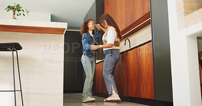Buy stock photo Mother, daughter and happy for dancing in home with connection, love and care. Wellness, energy and jazz with woman and girl child in family house for motion, holding hands or fun on weekend