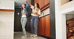 Mom, daughter and dancing in kitchen for bonding, energy or vibe together in fun home. Mother, child or holding hands with kid, support or love for morning weekend, care or family time in house
