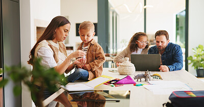 Buy stock photo Homework, support or children at table with parents, help or knowledge in homeschool activity. Teaching, education and family in house with tech, guidance or bonding together in distance learning.