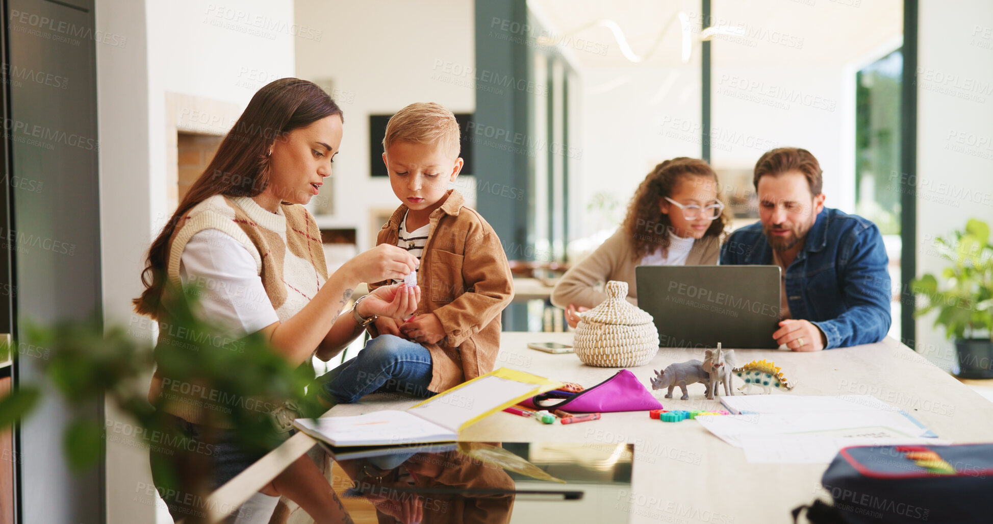 Buy stock photo Homework, support or children at table with parents, help or knowledge in homeschool activity. Teaching, education and family in house with tech, guidance or bonding together in distance learning.