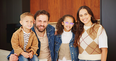 Buy stock photo Love, parents or children in house with portrait, bonding together or proud embrace in childcare. Smile, people or kids in home with hug, solidarity or family connection in healthy relationship.