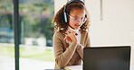 Girl, laptop and headphones with online course in home with smile, glasses and attention for e learning. Child, happy and computer with virtual class, discussion and video with education at house