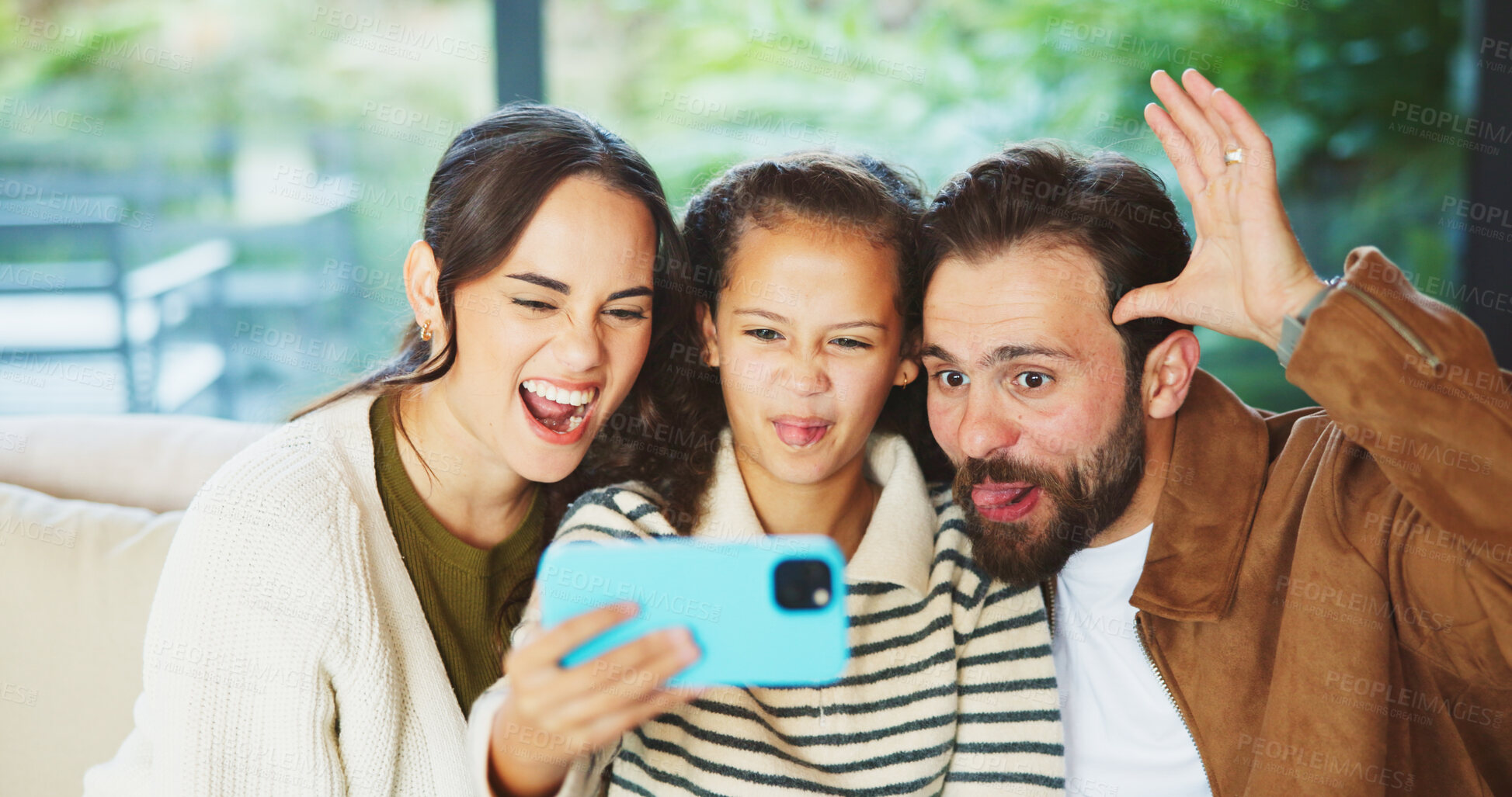 Buy stock photo Family, child and selfie with silly face in home for bonding, memory or capture moment together. Mom, dad or daughter with goofy smile, tongue out or funny picture for photography, comedy or humor