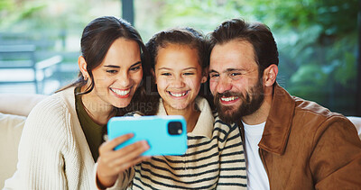 Buy stock photo Child, selfie and home with happy family for bonding, memory or capture moment together. Mom, dad or daughter with smile, love or social media post for photography app, picture or holiday in house