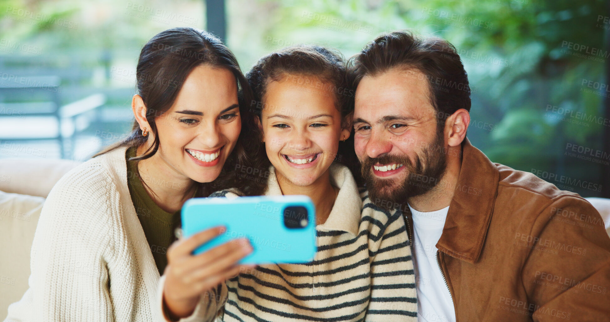 Buy stock photo Child, selfie and home with happy family for bonding, memory or capture moment together. Mom, dad or daughter with smile, love or social media post for photography app, picture or holiday in house