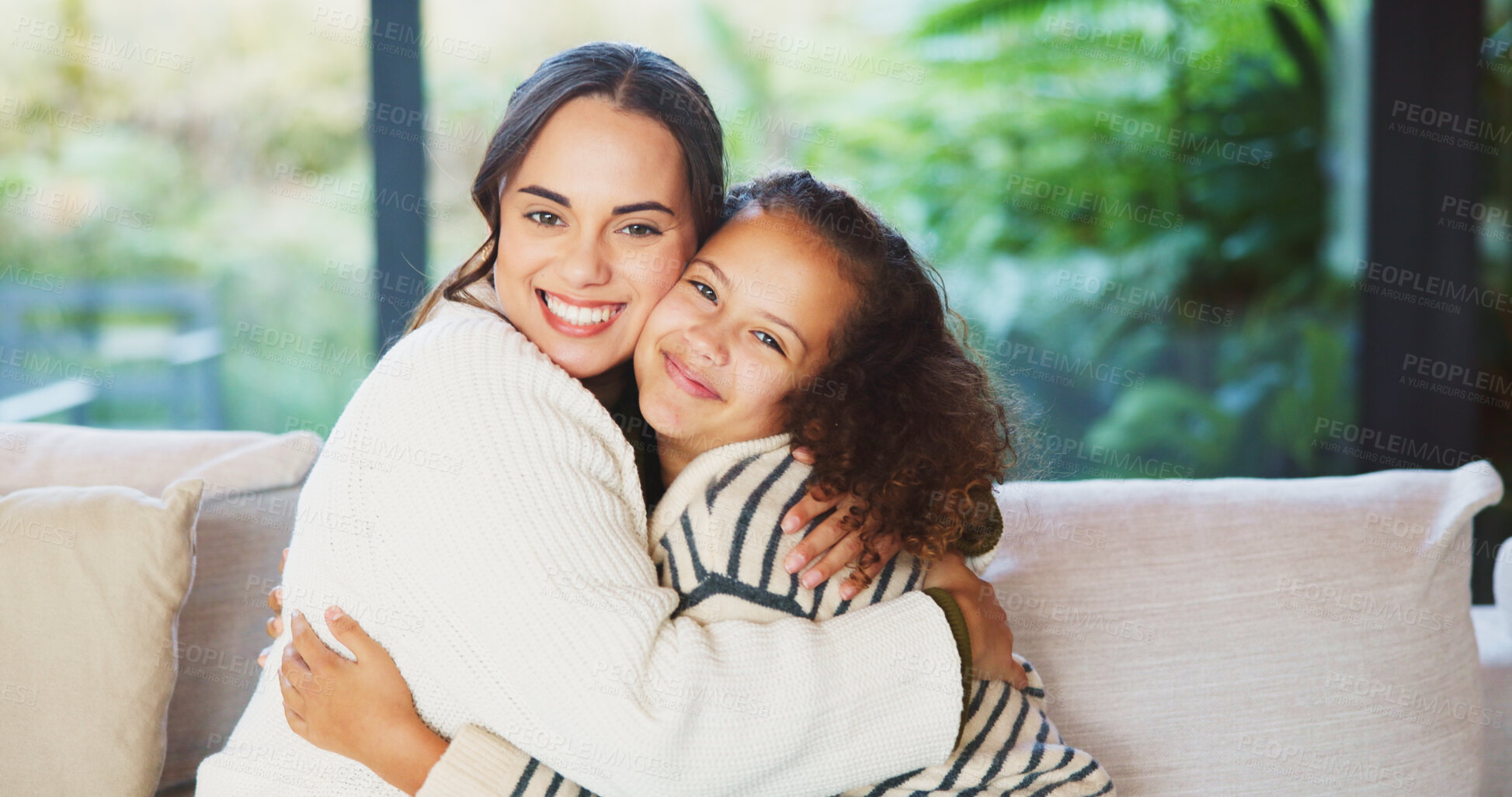 Buy stock photo Mother, child and hug for portrait in home with connection, love and care or trust. Wellness, happy and smile with woman and girl kid in family house for safety, security or relax on weekend