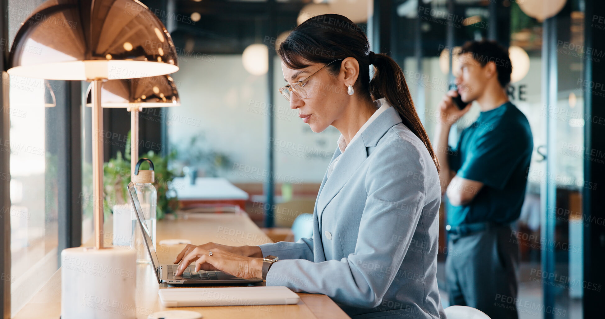 Buy stock photo Businesswoman, browse and remote work in cafe with laptop, research or report for HR administration. Contract worker, mature person and human resources job in cafeteria with computer, typing or email