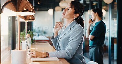 Buy stock photo Neck pain, laptop or woman in office with strain, burnout or joint tension in muscle injury. Tendinitis, bad posture or employee in agency with discomfort, stiffness or fatigue in cervical sprain.