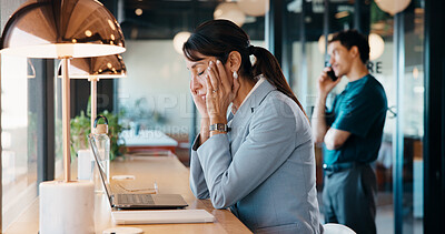 Buy stock photo Headache, overworked and woman in office with laptop, burnout or tension with discomfort. Fatigue, employee and person in workplace with migraine pain, frustrated or sore head with dizziness.
