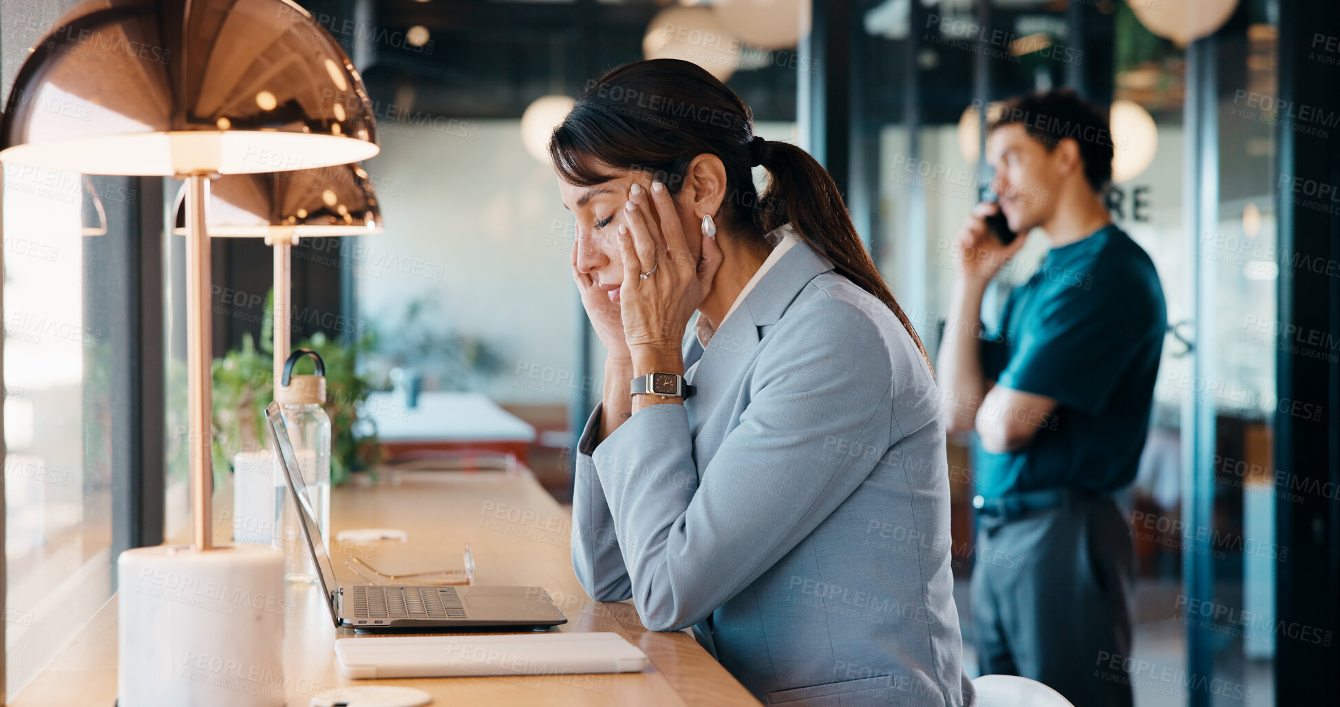 Buy stock photo Headache, overworked and woman in office with laptop, burnout or tension with discomfort. Fatigue, employee and person in workplace with migraine pain, frustrated or sore head with dizziness.