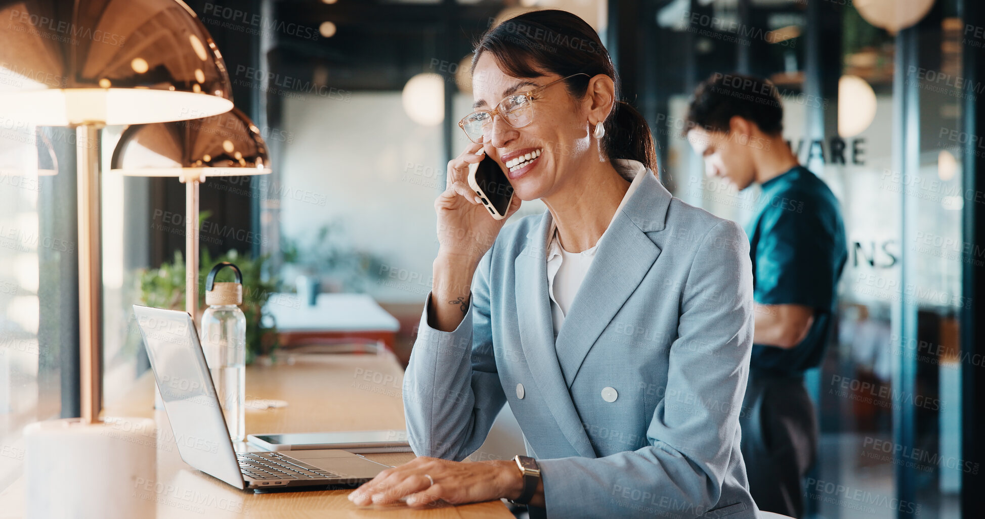 Buy stock photo Remote work, phone call and business woman in cafe for real estate deal, contact client or offer. Freelancer, mature person and smile with mobile, property sale or negotiation update with laptop