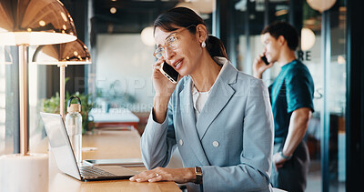 Buy stock photo Remote work, phone call and business woman in contact for network, real estate deal or offer. Freelancer, person and talk with mobile in cafe for chat, property sale or negotiation update with laptop