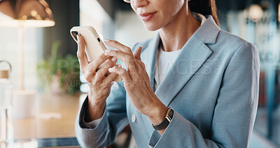 Buy stock photo Businesswoman, scroll and hands with phone in cafe, communication and reading email on social media. Restaurant, remote work and person with mobile for digital chat, online and networking on website