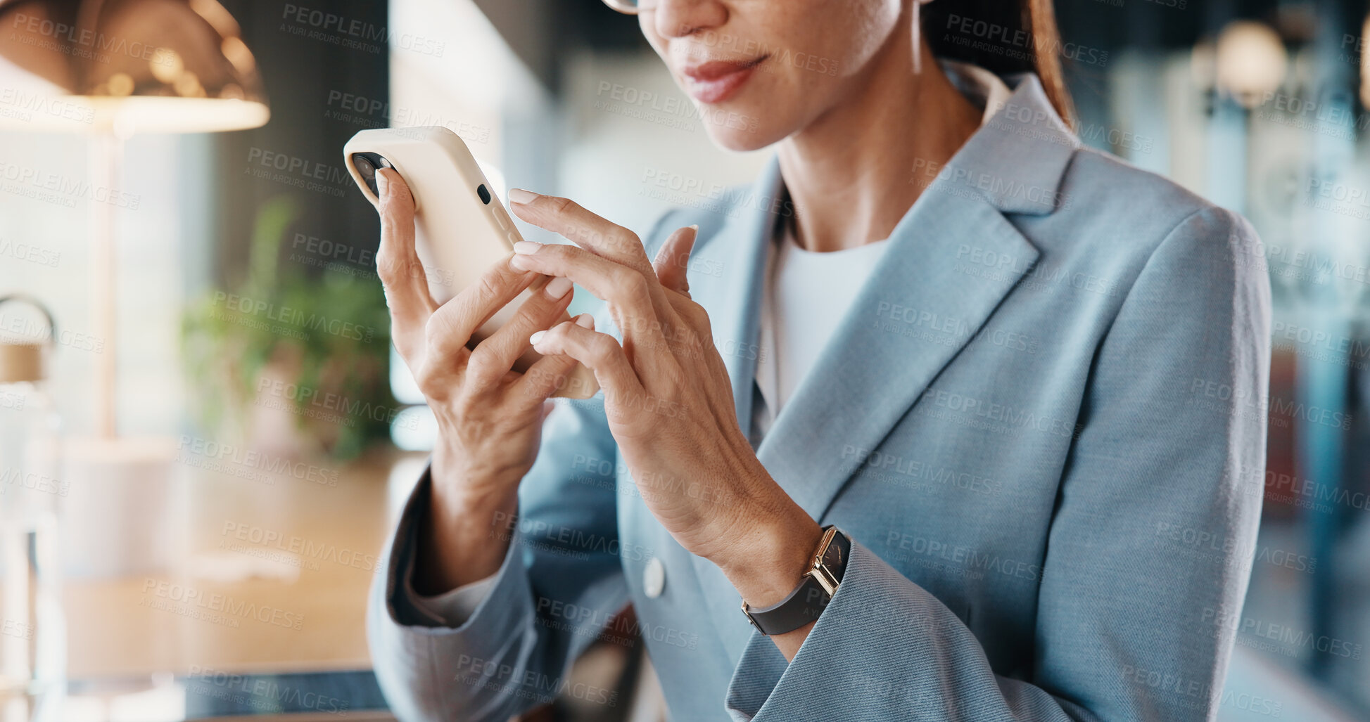 Buy stock photo Businesswoman, scroll and hands with phone in cafe, communication and reading email on social media. Restaurant, remote work and person with mobile for digital chat, online and networking on website