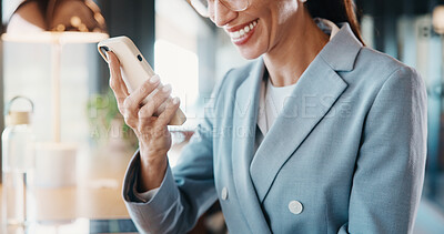 Buy stock photo Businesswoman, texting and hand with phone in cafe, communication or reading message on social media. Restaurant, remote work and person with mobile for chat, online and smile for positive feedback