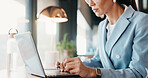 Businesswoman, typing and hands with laptop in cafe, real estate agent or property investment on web. Restaurant, remote work and person with tech for market research, realtor and browse information
