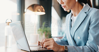 Buy stock photo Businesswoman, typing and hands with laptop in cafe, real estate agent or property investment on web. Restaurant, remote work and person with tech for market research, realtor and browse information
