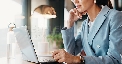 Buy stock photo Businesswoman, reading and hands with laptop in cafe, real estate agent and property listing on web. Restaurant, remote work and person with tech for market research, realtor and review information