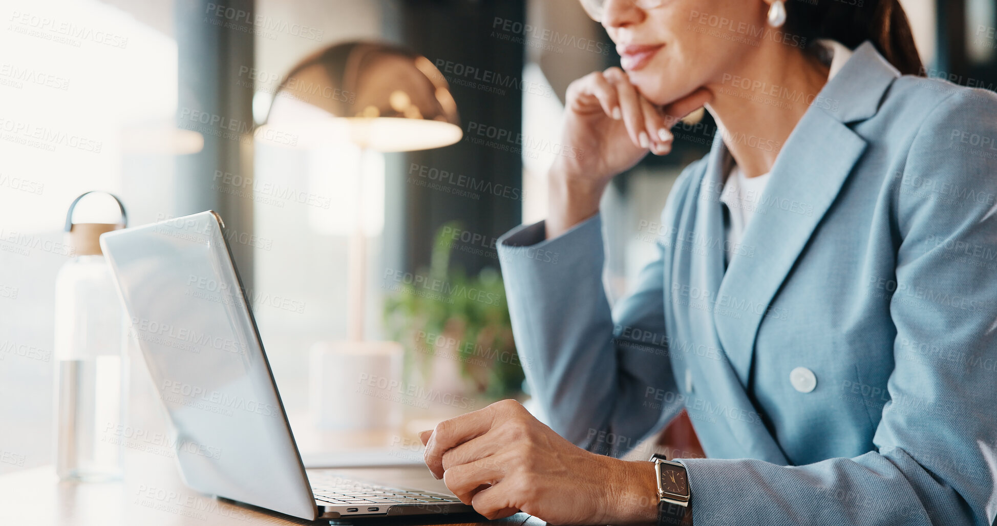 Buy stock photo Businesswoman, reading and hands with laptop in cafe, real estate agent and property listing on web. Restaurant, remote work and person with tech for market research, realtor and review information
