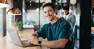 Buy stock photo Laptop, happy and portrait of man in coffee shop with remote work for software development. Smile, cafe and full stack engineer with computer for online project with freelance career in restaurant.