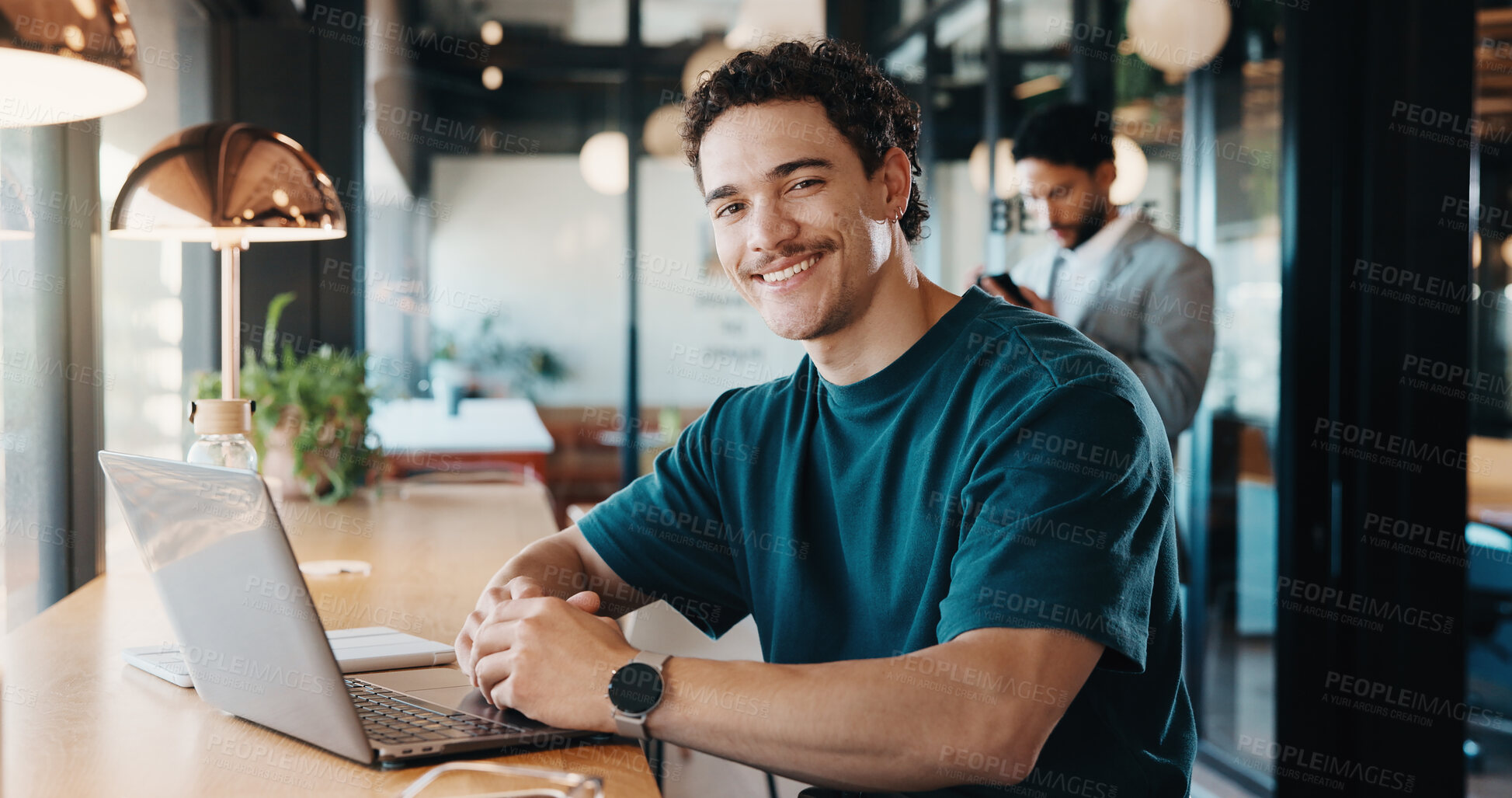 Buy stock photo Laptop, happy and portrait of man in coffee shop with remote work for software development. Smile, cafe and full stack engineer with computer for online project with freelance career in restaurant.