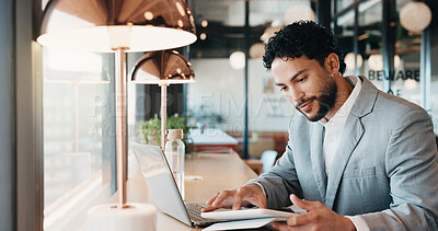 Buy stock photo Businessman, reading and remote work in cafe with tablet, laptop and planning for financial audit. Contract worker, person and accountant in cafeteria with tech, review report or website for finance.