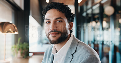 Buy stock photo Portrait, business and man with smile at cafe for career pride, about us and real estate agent. Happy, male person and remote work with ambition, positive attitude and property auction at coffee shop